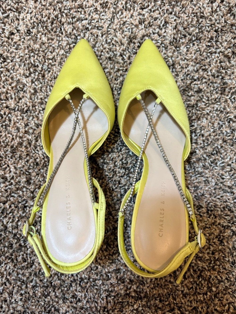 Charles & Keith Lemon Yellow Pointed Slingback Flats with Rhinestone Straps